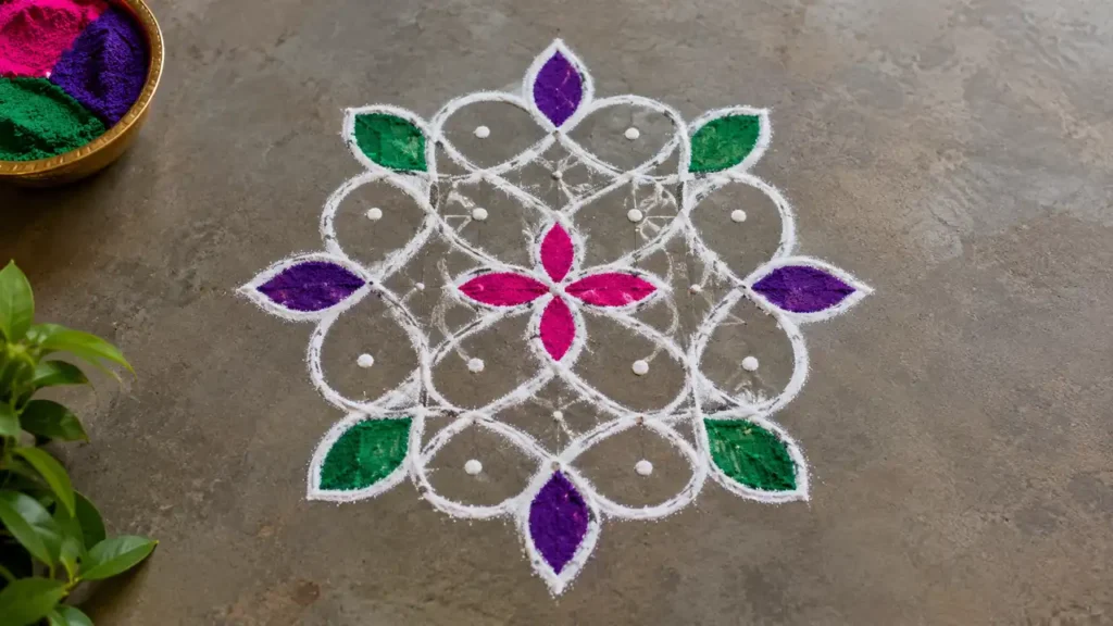 5x5 five-dot Kolam design with symmetrical white curves and colorful sections