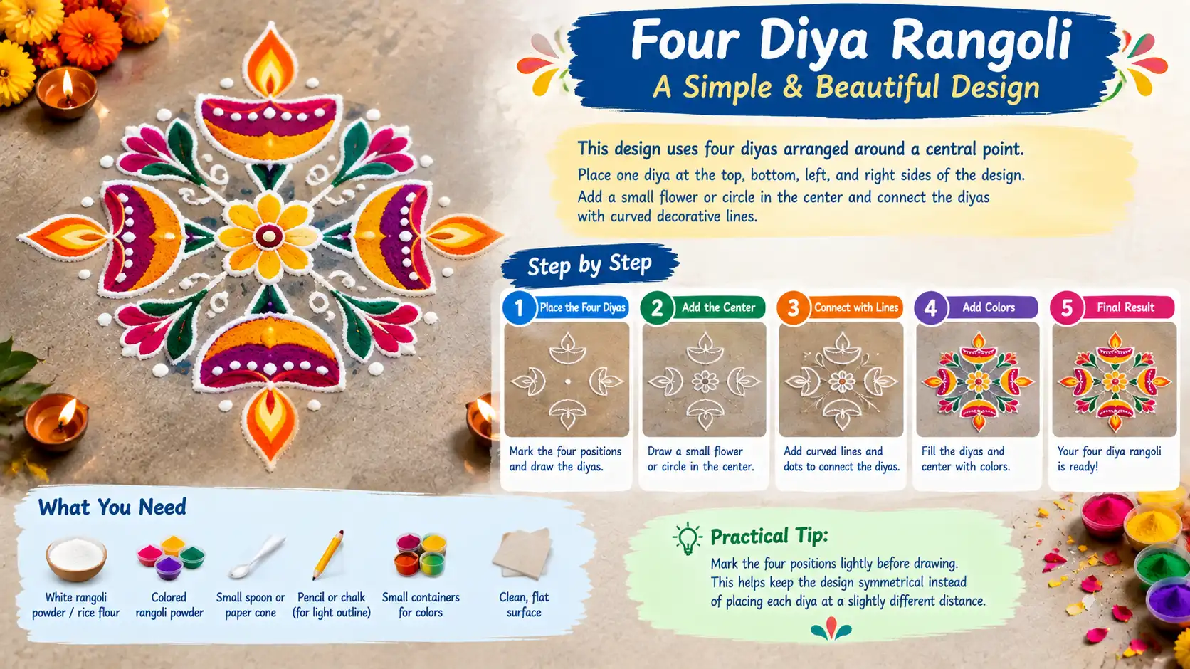 Four diya rangoli arranged around a central point