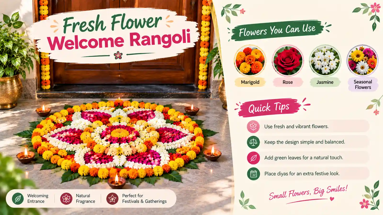 Fresh flower welcome rangoli design for door with colorful petals