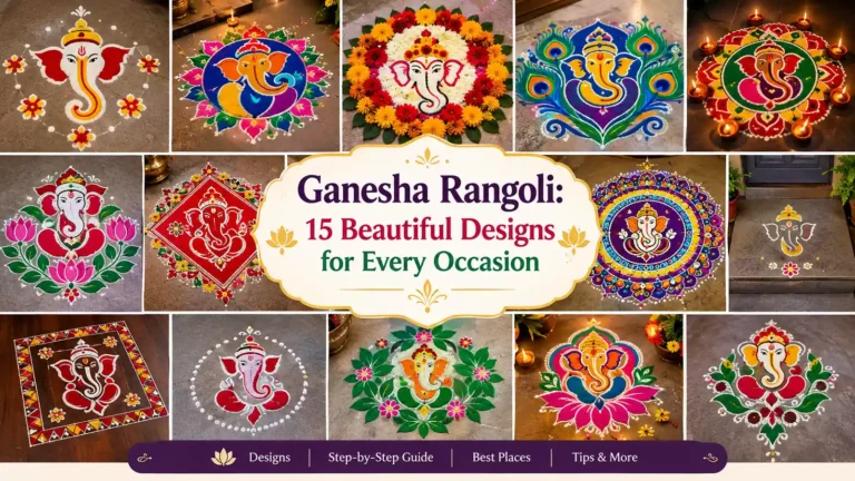15 beautiful Ganesha Rangoli designs featuring colorful patterns, flowers, diyas, and traditional decorations.