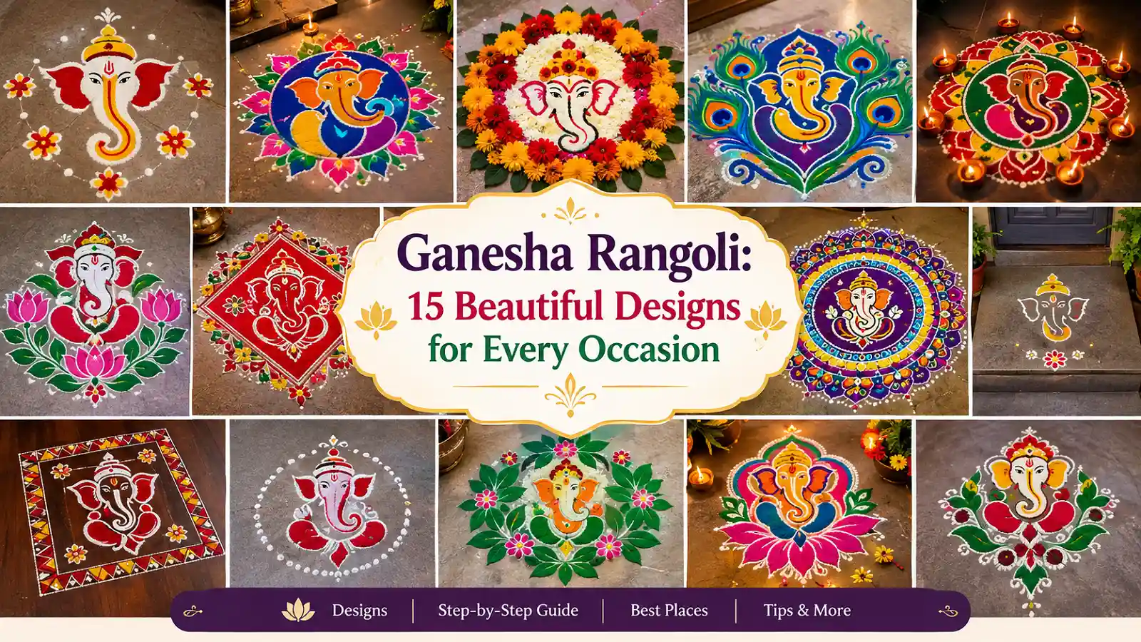 15 beautiful Ganesha Rangoli designs featuring colorful patterns, flowers, diyas, and traditional decorations.