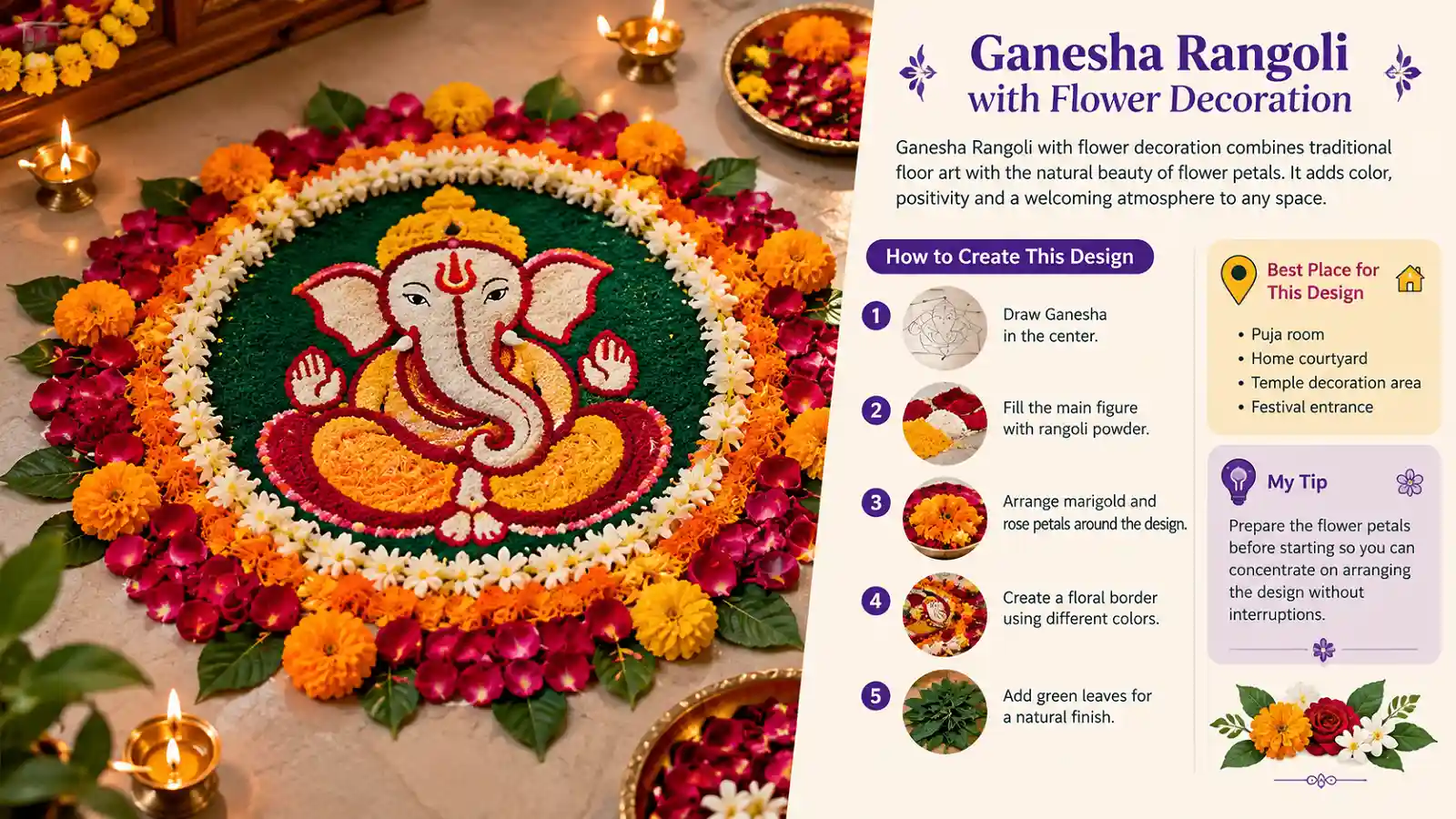 Ganesha Rangoli with Flower Decoration