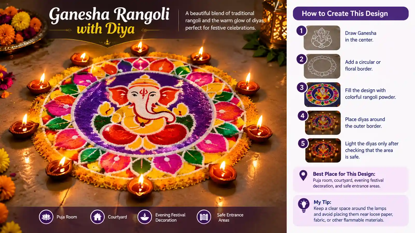 Colorful Ganesha Rangoli with Diyas for Diwali decoration