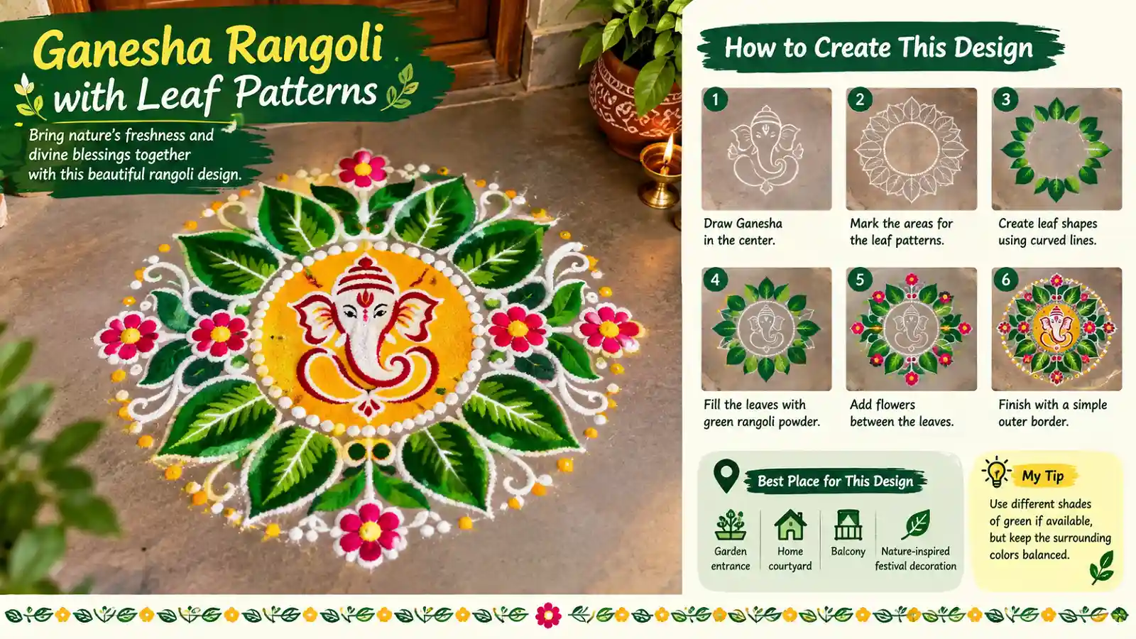 Ganesha Rangoli with Leaf Patterns and Flowers