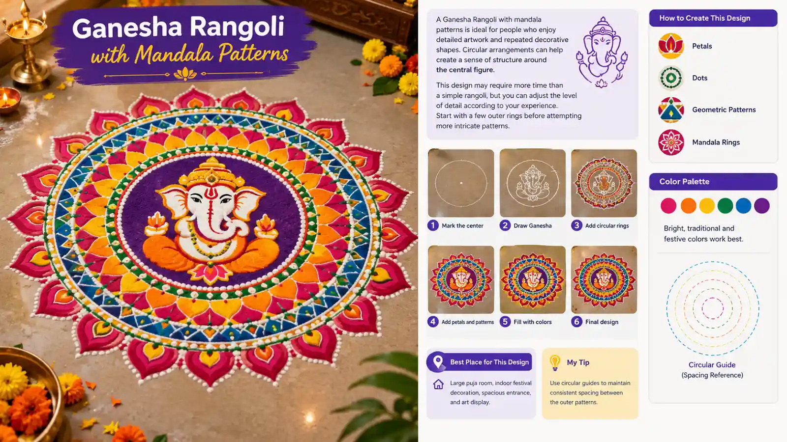 Ganesha Rangoli with Mandala Patterns and colorful circular designs
