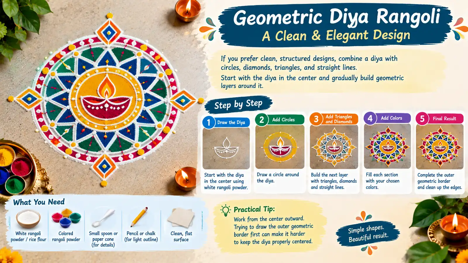 Geometric diya rangoli design with circles diamonds triangles and lines