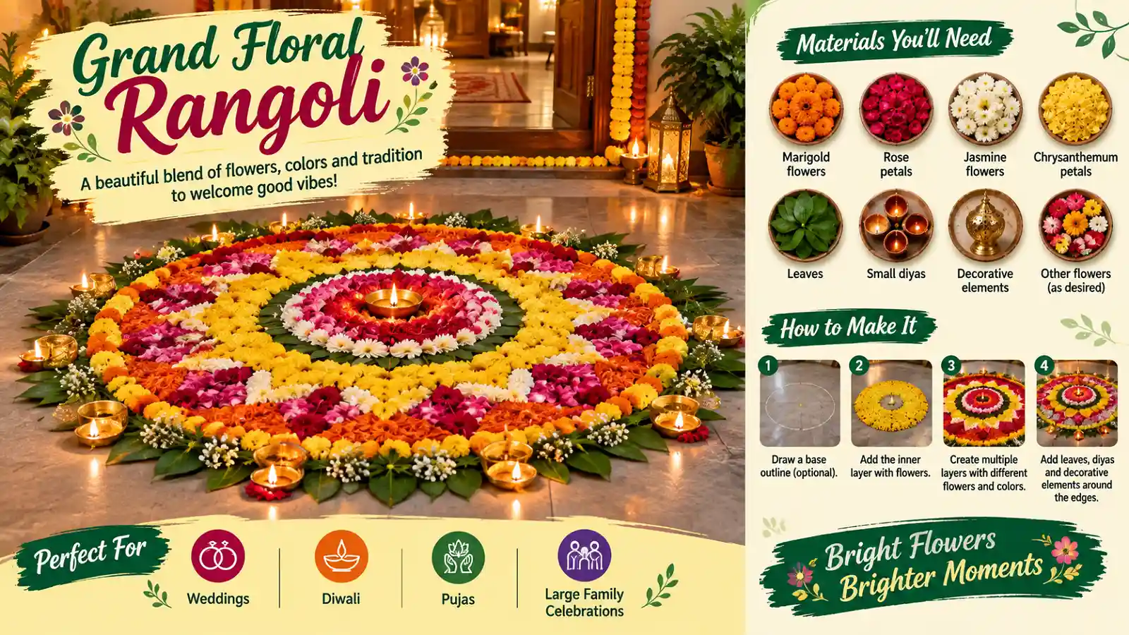 Grand floral rangoli with colorful flower petals and diyas