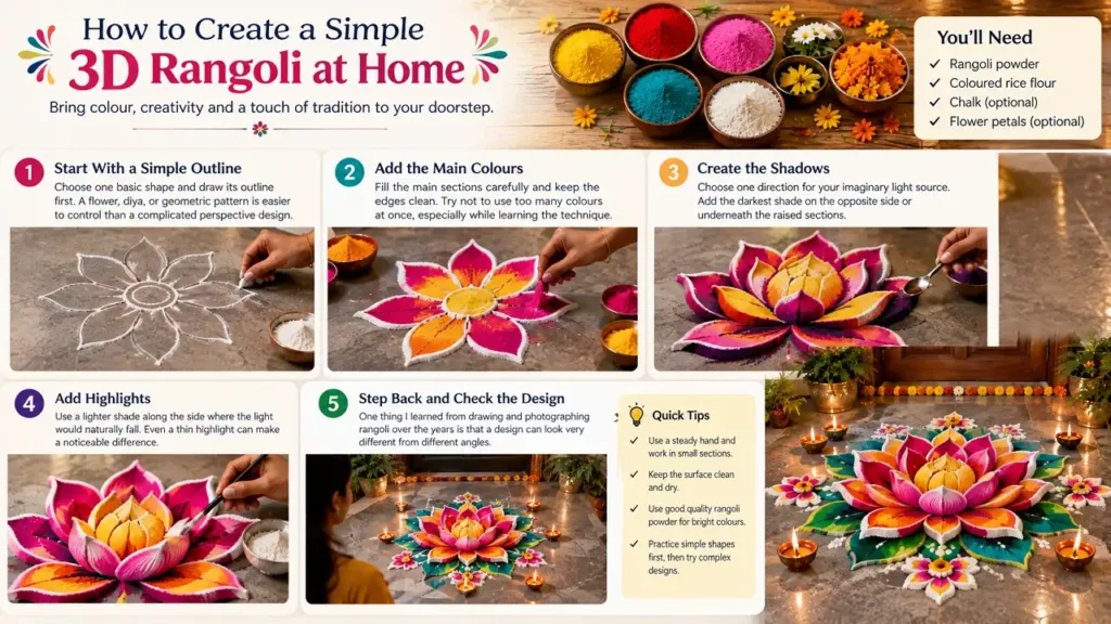 Step by step 3D rangoli tutorial with colourful lotus design