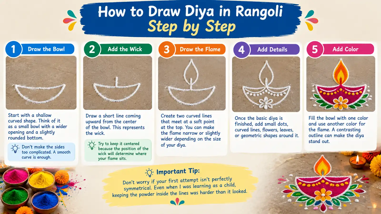 Step by step diya rangoli practice guide with bowls flames and finished designs