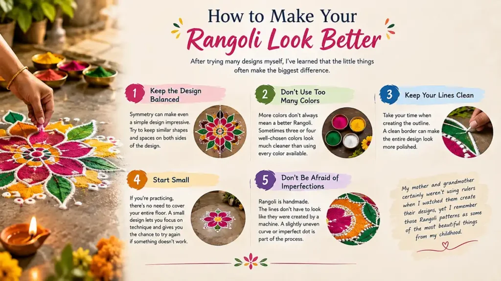 Modern infographic showing tips to make a Rangoli drawing look better