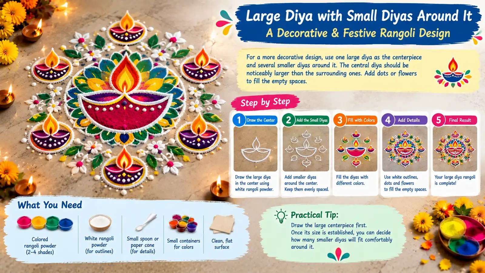 Large diya with small diyas arranged around it