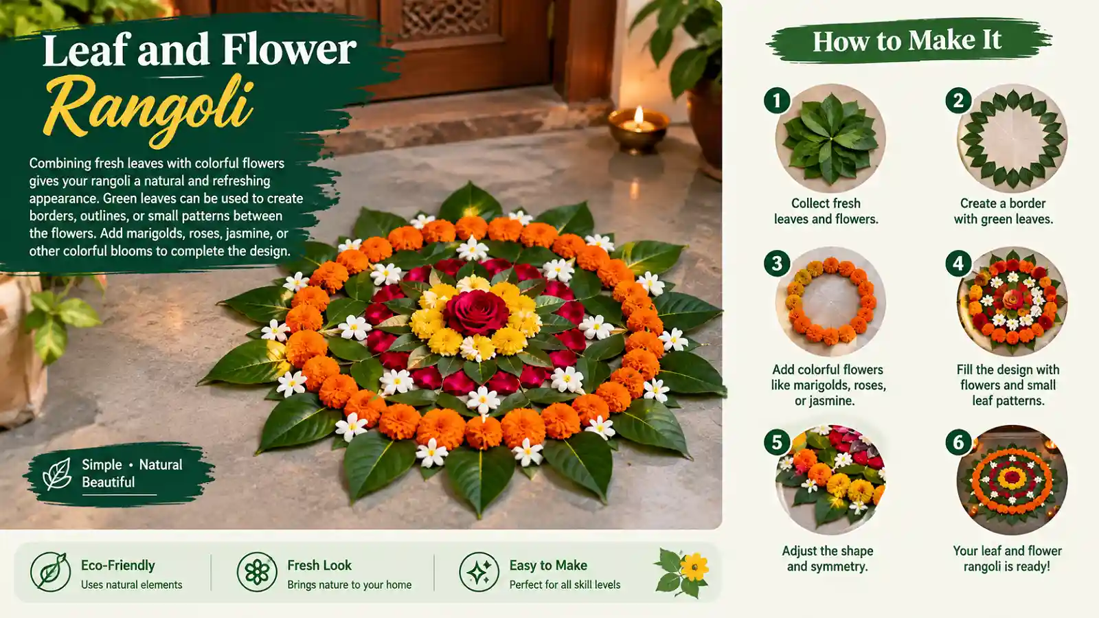 Leaf and flower rangoli made with fresh green leaves marigolds roses and jasmine flowers