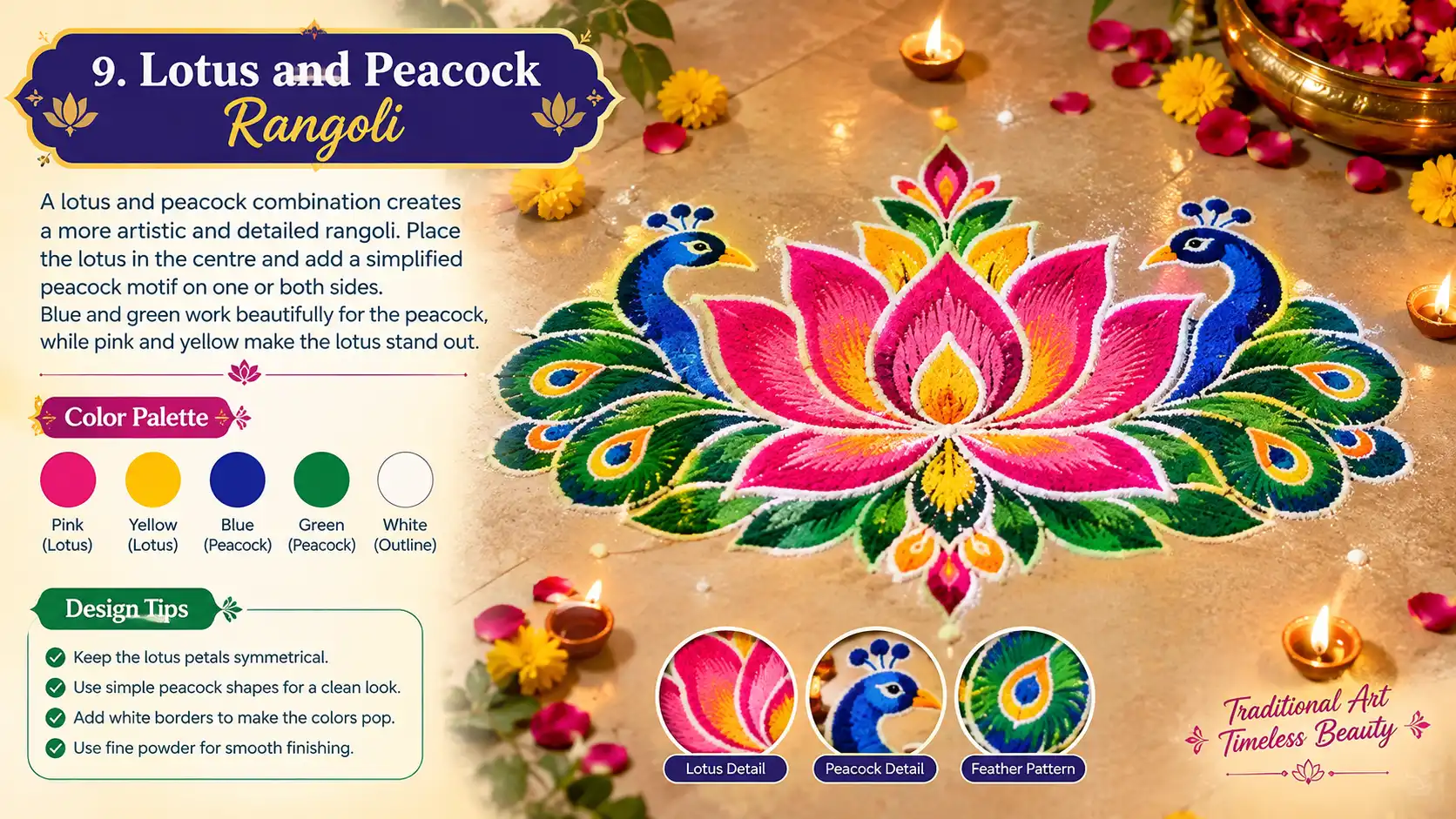 Lotus and peacock rangoli design with colorful pink, yellow, blue, and green patterns