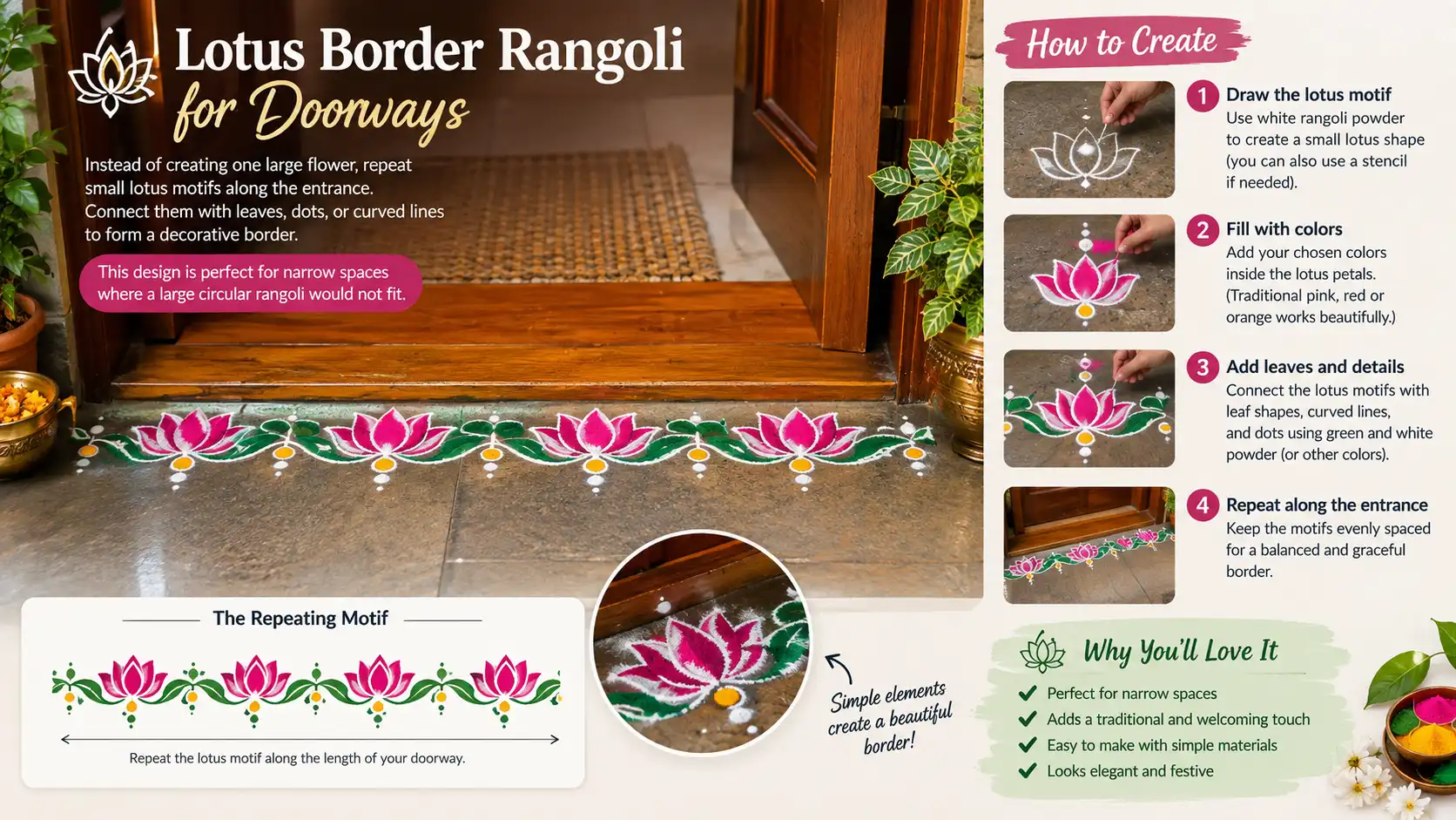 Lotus border rangoli design with pink flowers and green leaves for a doorway