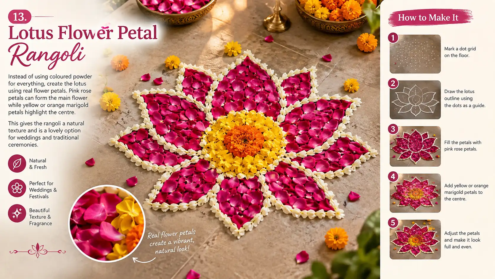 Lotus flower petal rangoli made with pink rose petals and yellow and orange marigold petals