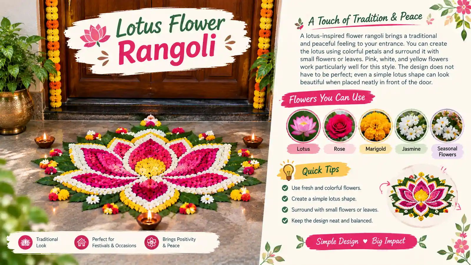 Lotus flower rangoli design for door with colorful petals