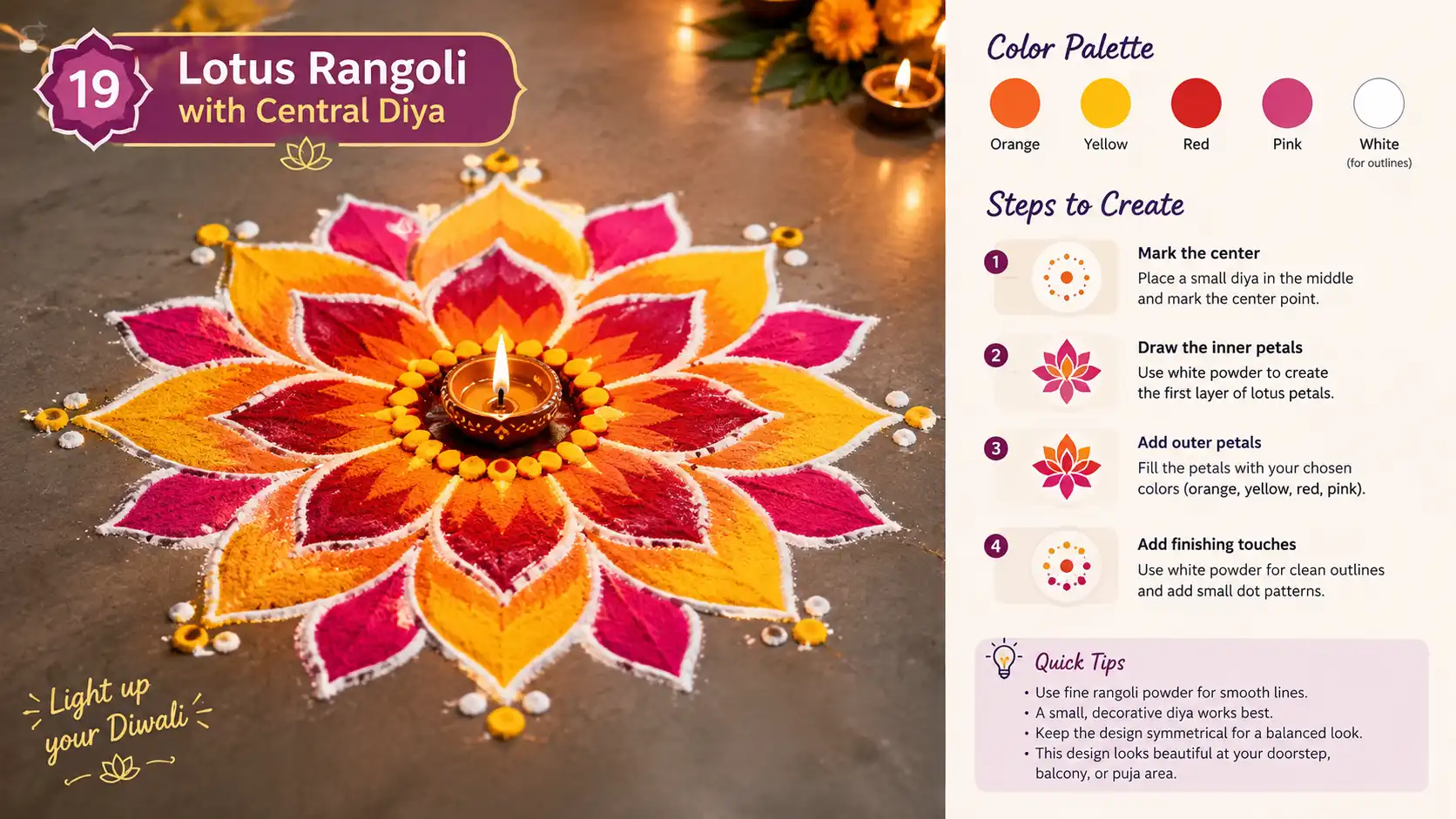 Colorful lotus rangoli with a glowing central diya in orange, yellow, red, and pink shades