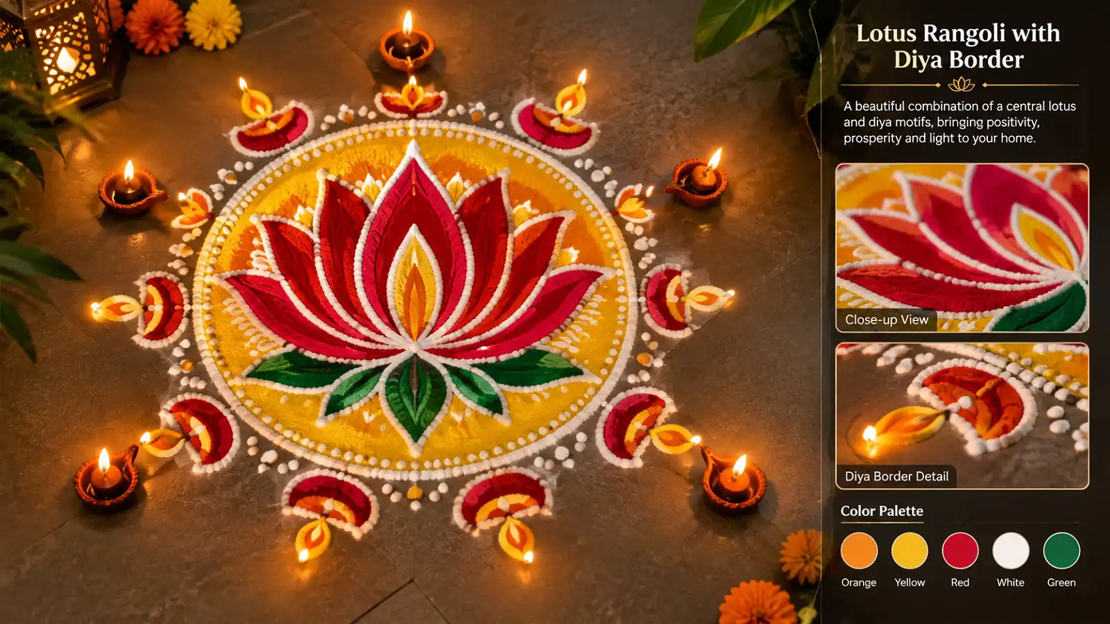 Lotus Rangoli with Diya Border in orange, yellow, red, and white for Diwali