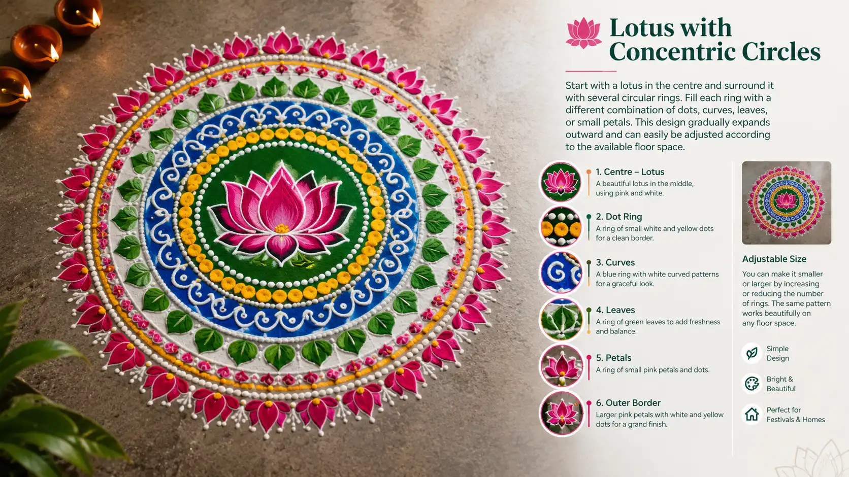 Lotus rangoli with concentric circular rings of dots, curves, leaves, and pink petals
