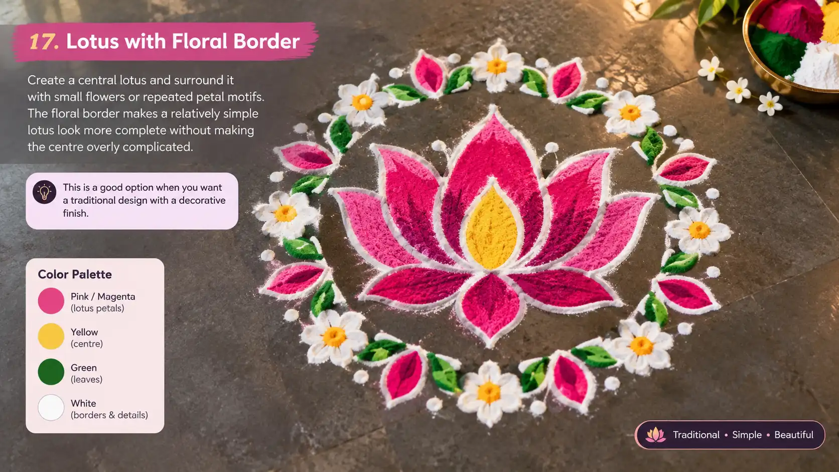 Lotus with floral border Rangoli design featuring pink petals, white flowers, green leaves, and decorative motifs