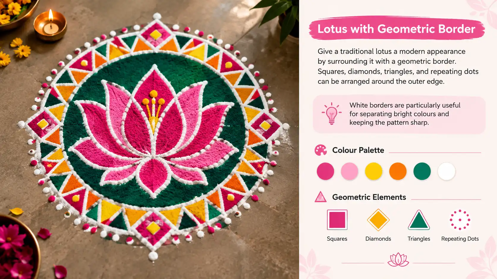 Lotus rangoli with a colorful geometric border