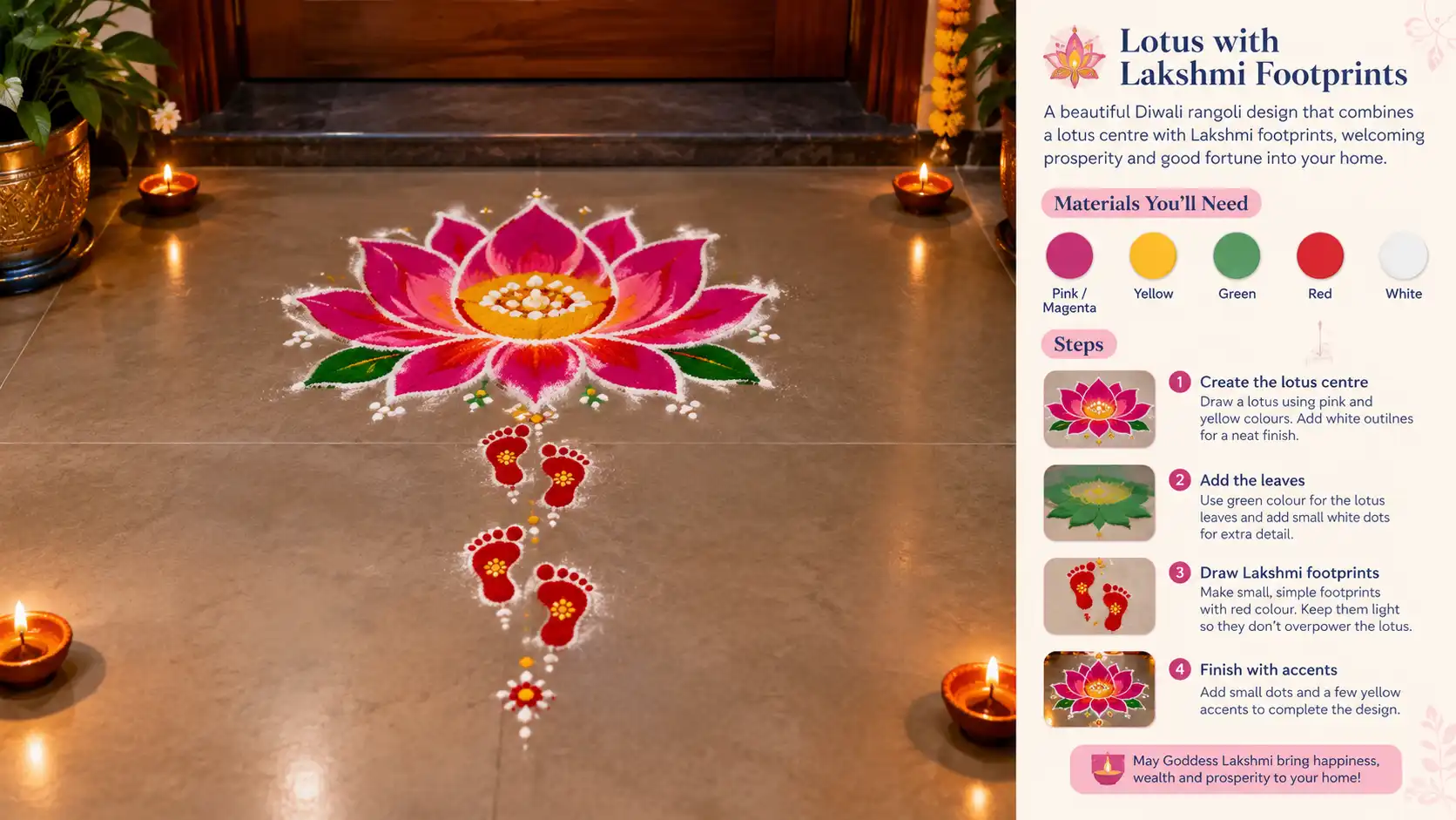 Lotus rangoli with Lakshmi footprints for Diwali entrance decoration