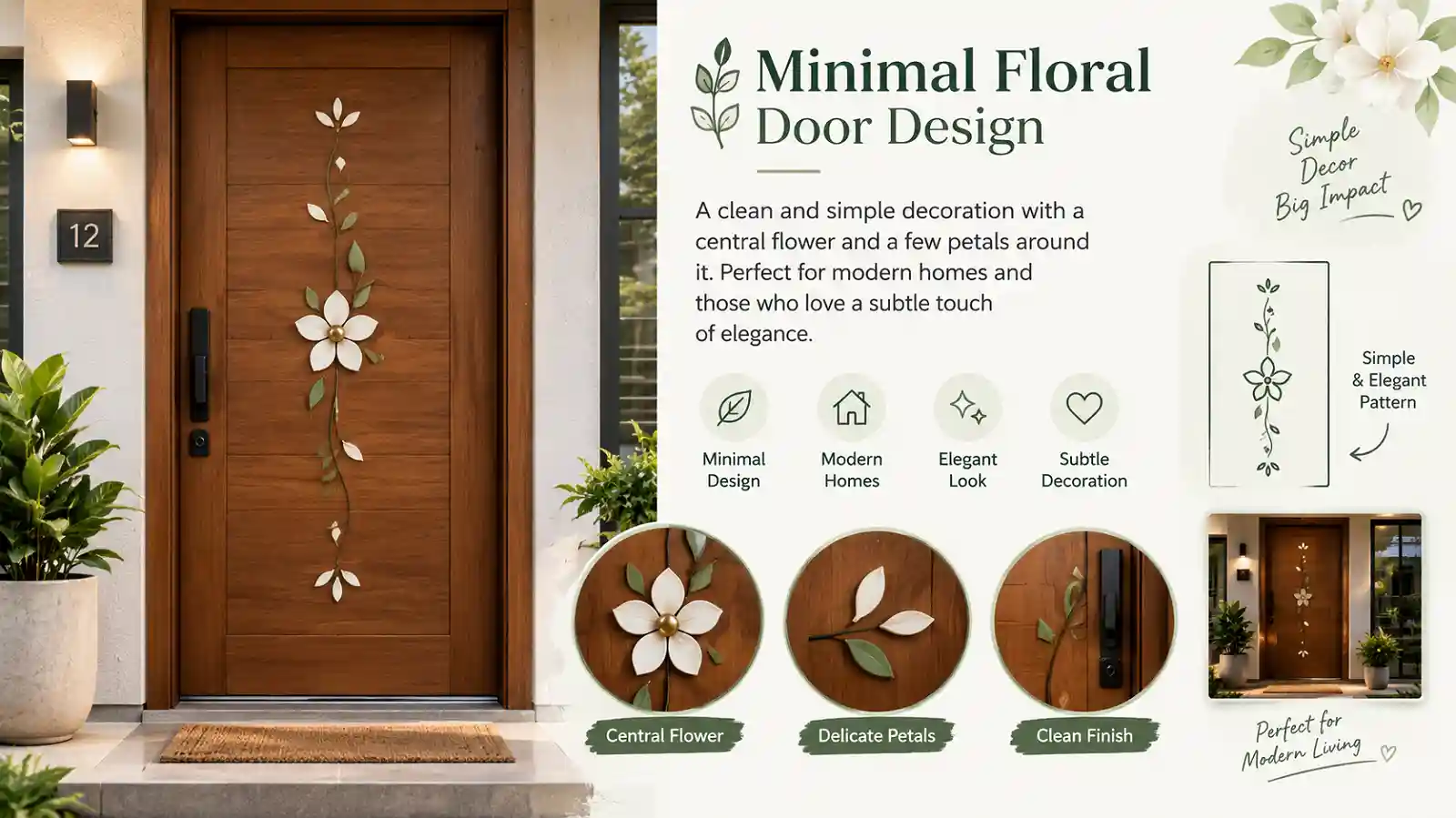 Minimal floral door design with a simple central flower pattern