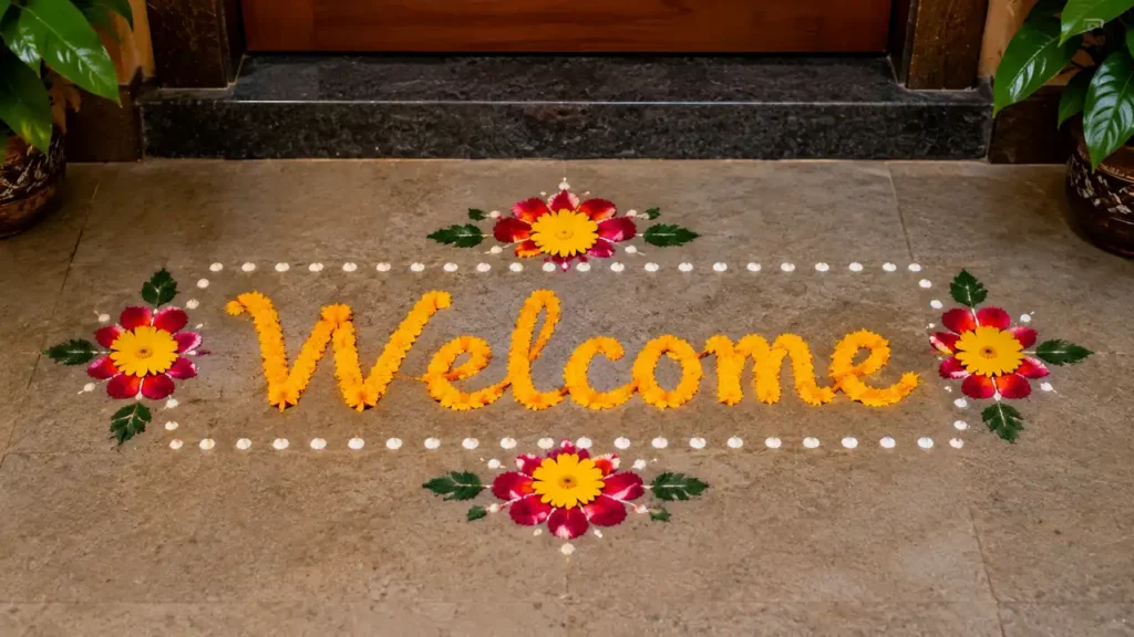 Minimal welcome rangoli with colorful flowers and dotted border
