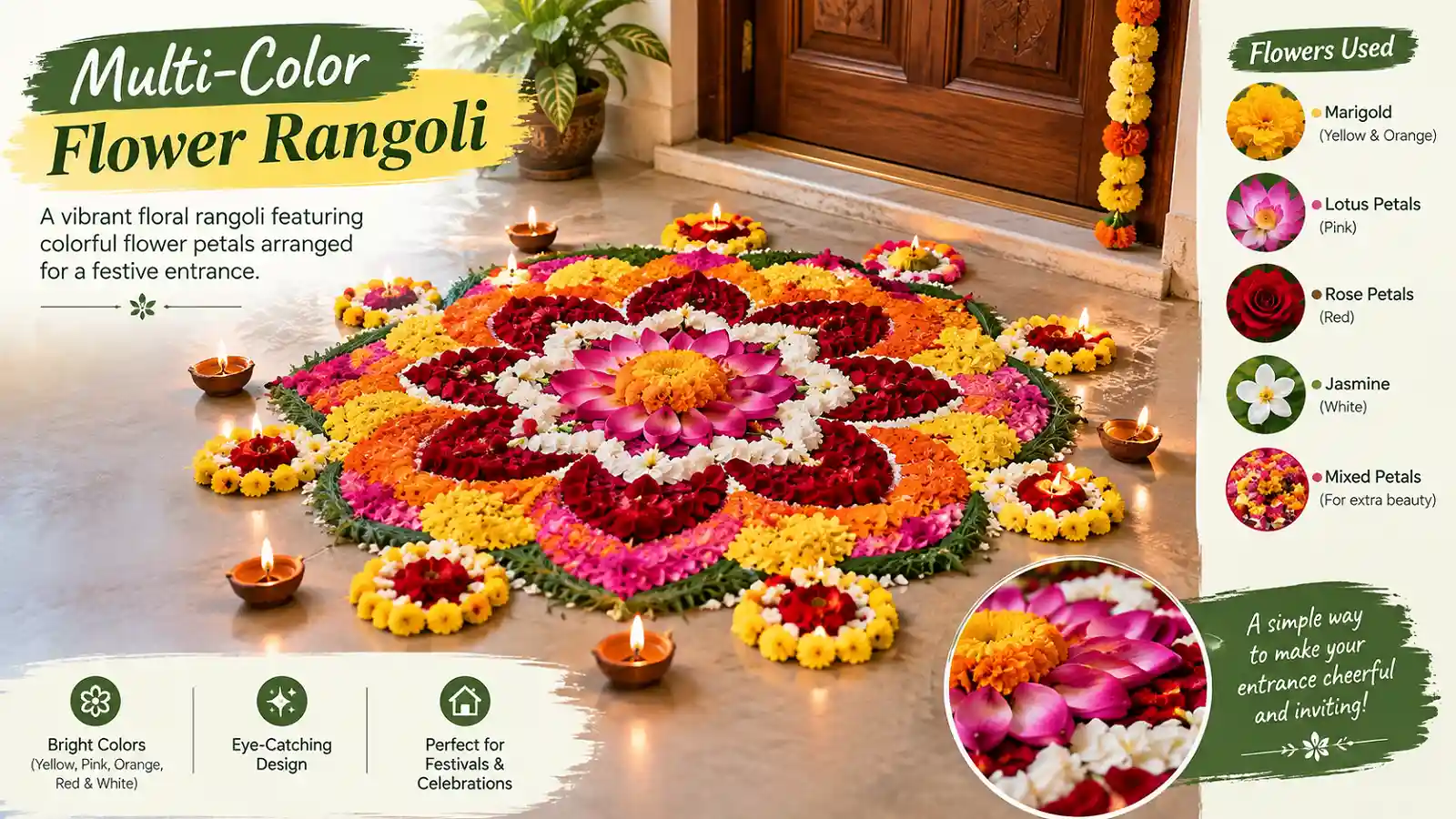 Multi-color flower rangoli with yellow pink orange red and white petals