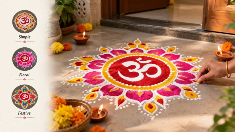 Colorful Om rangoli design at a home entrance