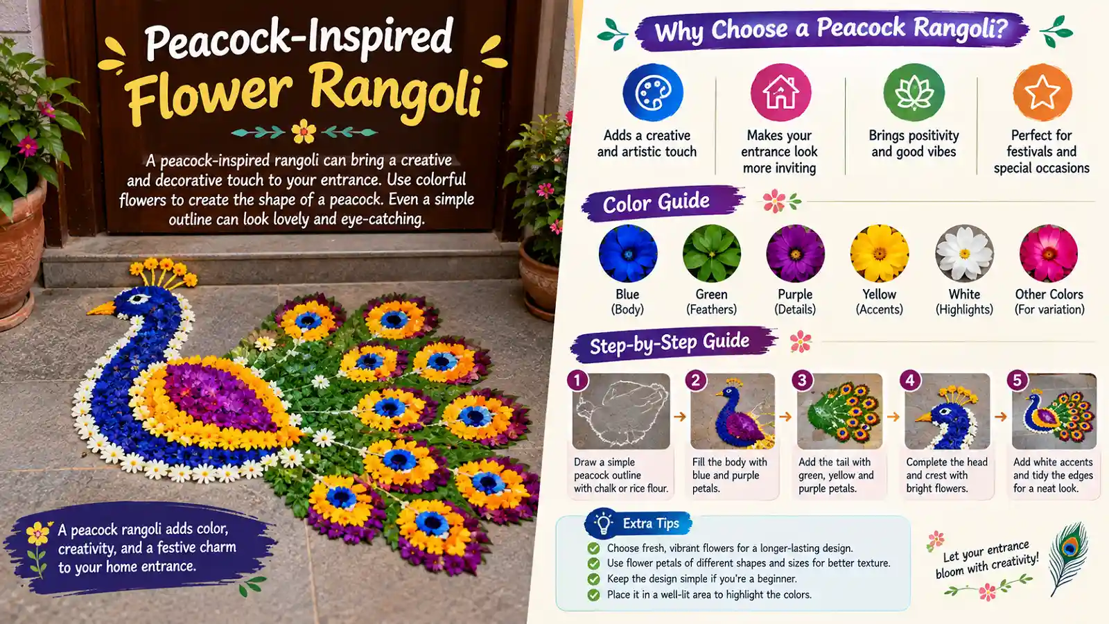 Peacock-inspired flower rangoli made with colorful blue green purple and yellow flower petals