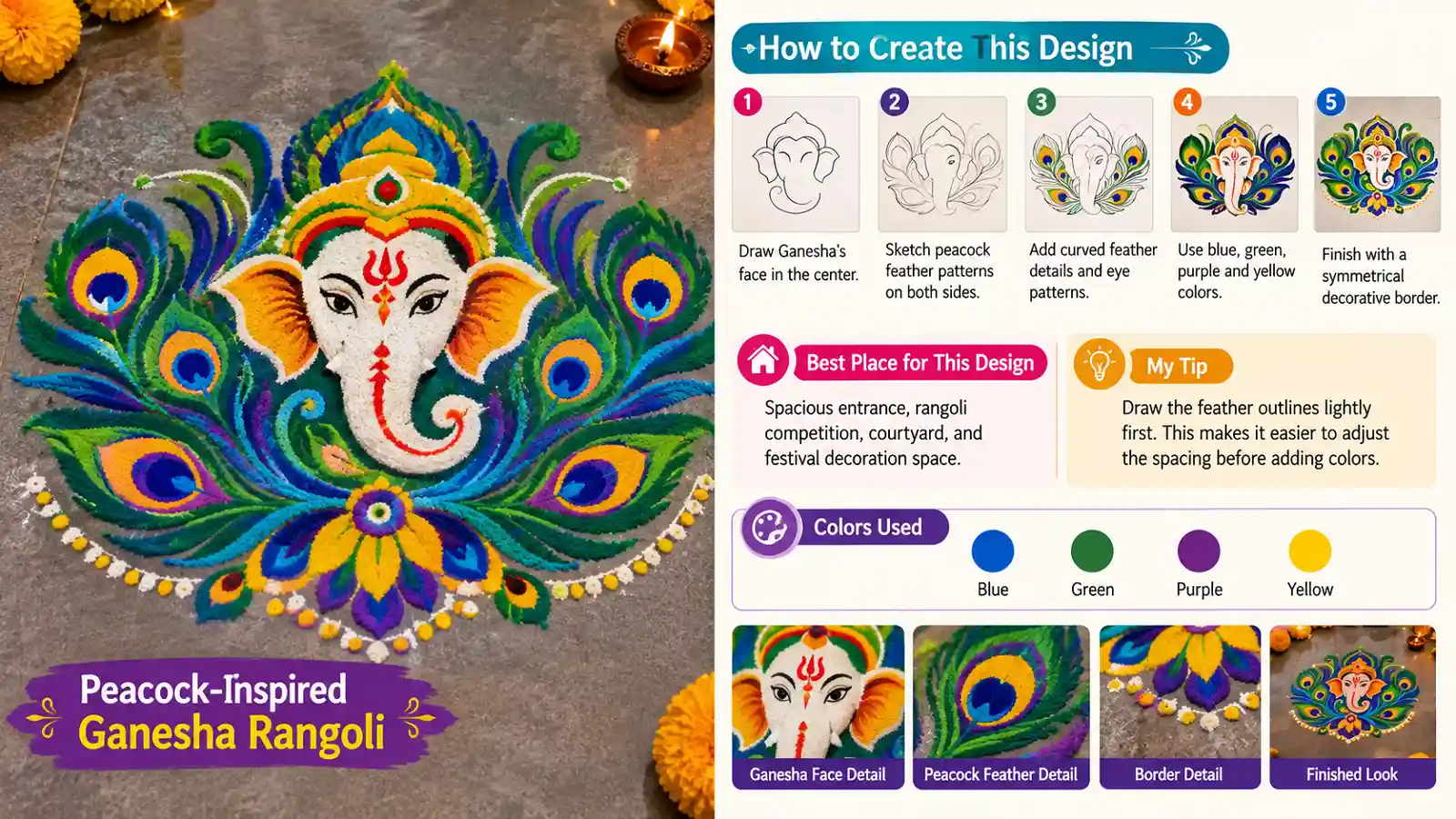 Peacock-inspired Ganesha Rangoli with colorful feather patterns