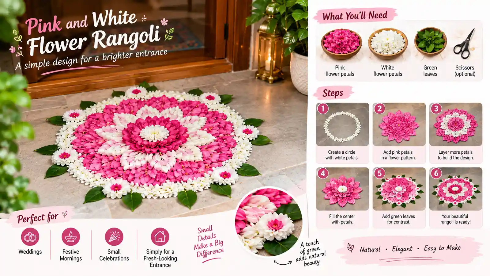 Pink and white flower rangoli design with green leaves at a doorway