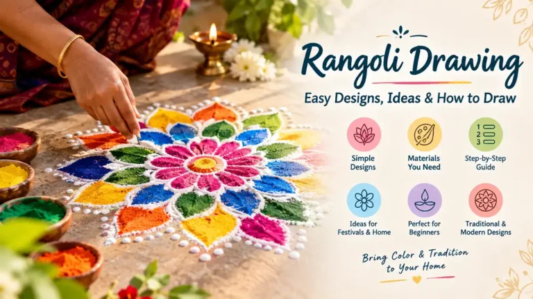 Colorful Rangoli drawing with easy designs, materials, and step-by-step guide