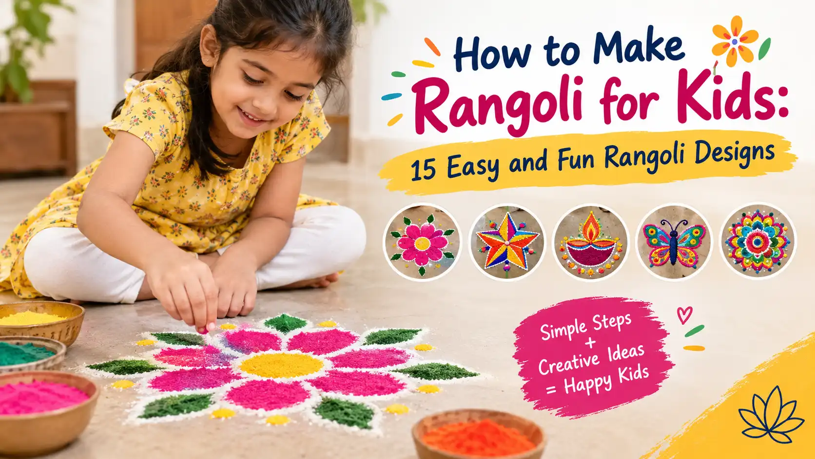 Girl making a colorful rangoli with easy designs for kids