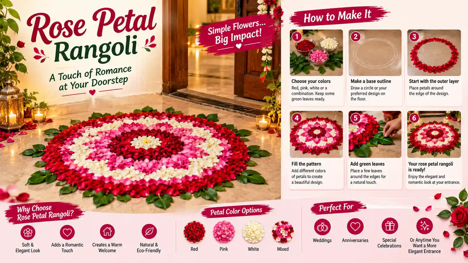 Rose petal rangoli doorway decoration with red pink and white flowers