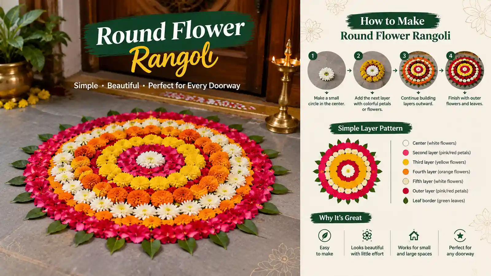Round flower rangoli design with colorful petals arranged in layered circular patterns