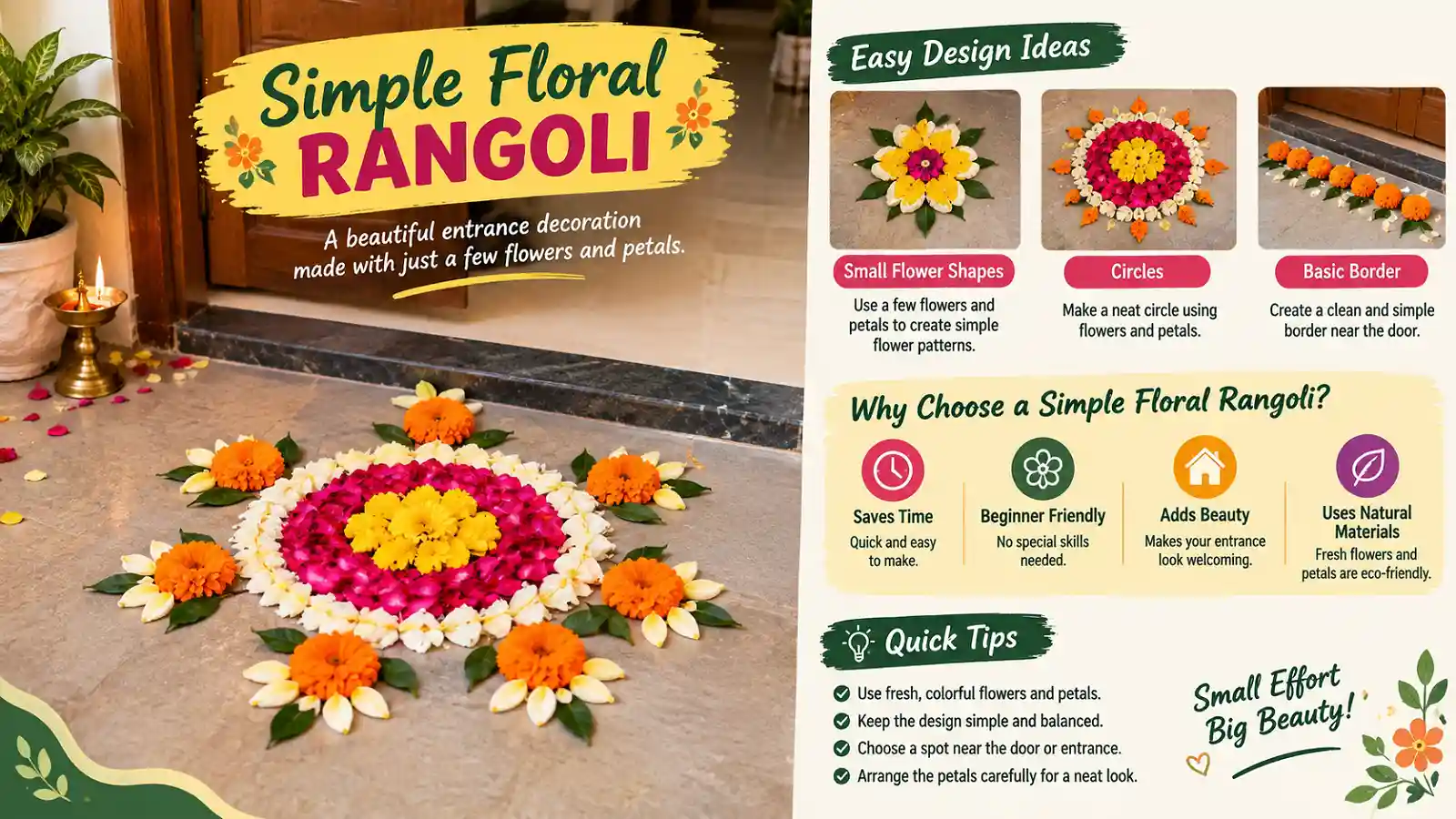 Simple floral rangoli made with flowers and petals near a doorway