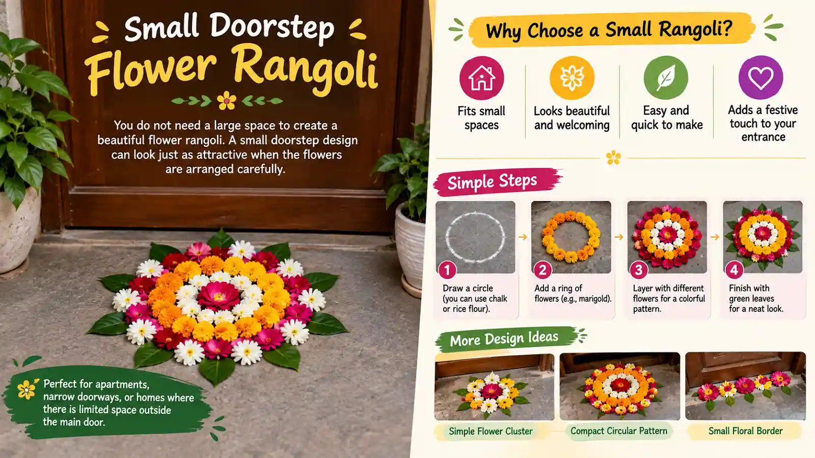 Small doorstep flower rangoli design for limited outdoor spaces