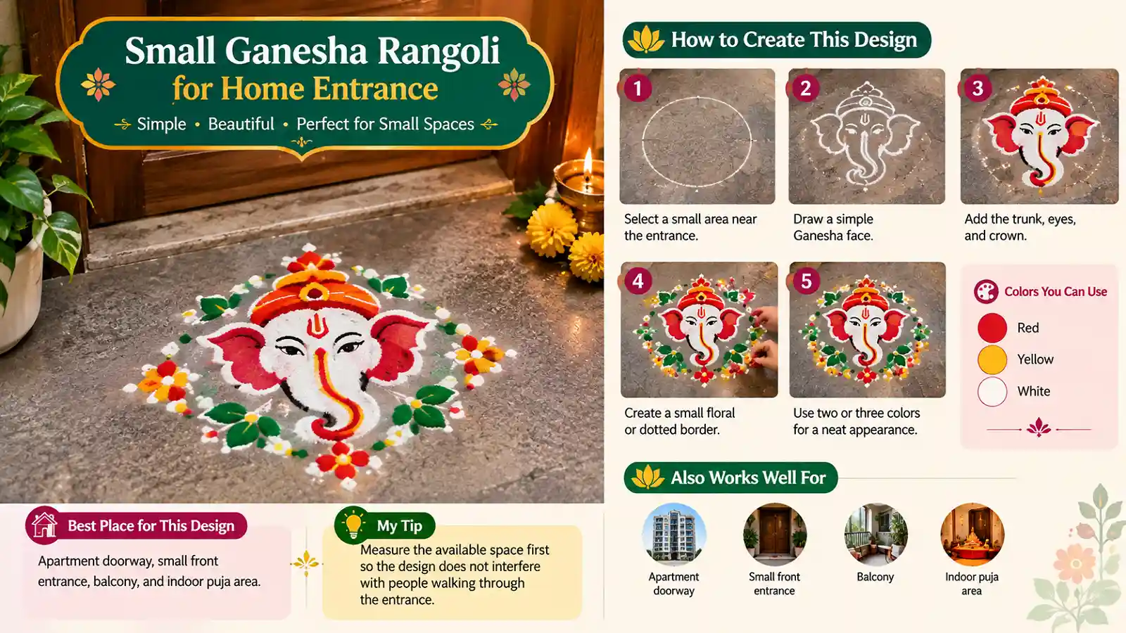 Small Ganesha Rangoli for home entrance with step-by-step instructions, colorful floral border, and simple design ideas.