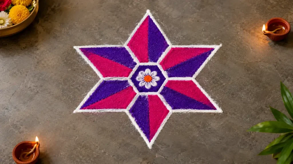 Colorful six-point star rangoli with purple pink sections and white outlines