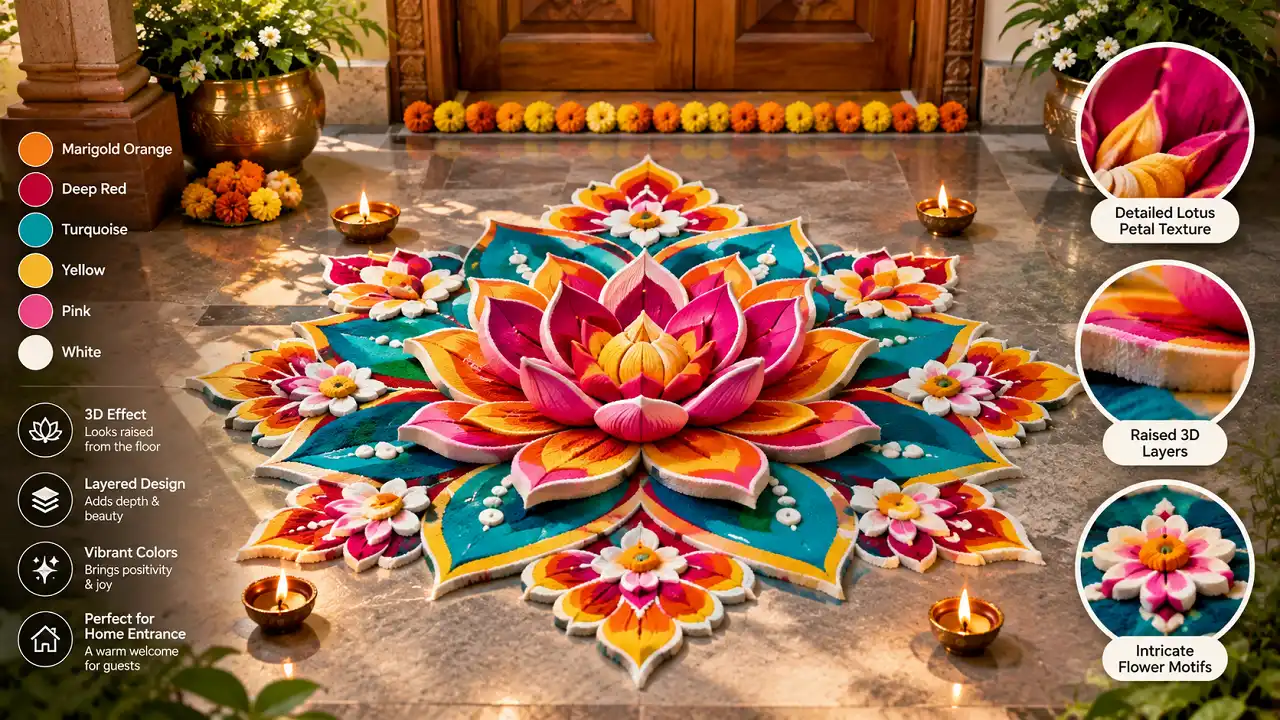 Colorful 3D rangoli design ideas with lotus pattern