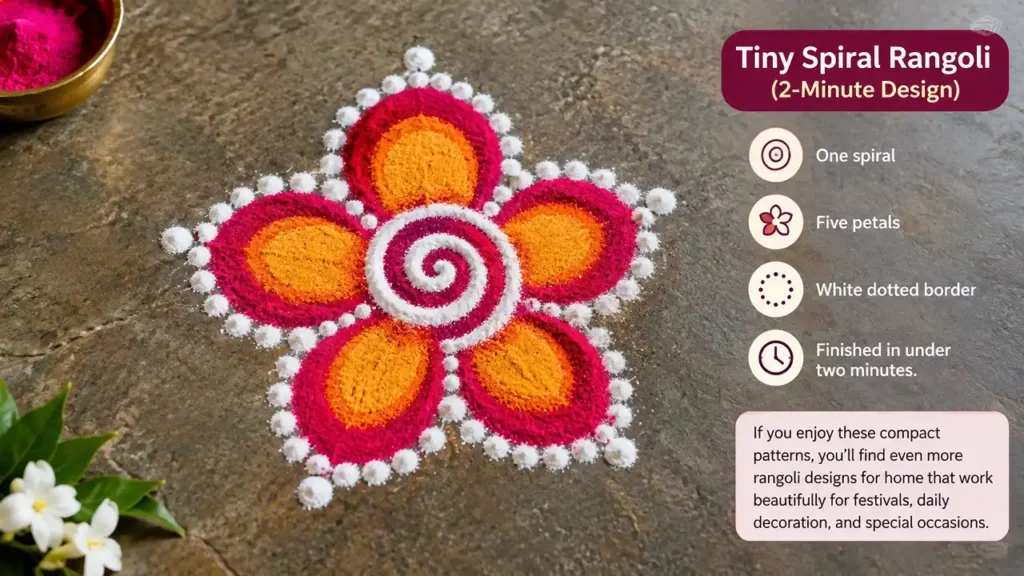 Small colorful five-petal spiral rangoli with white dotted border
