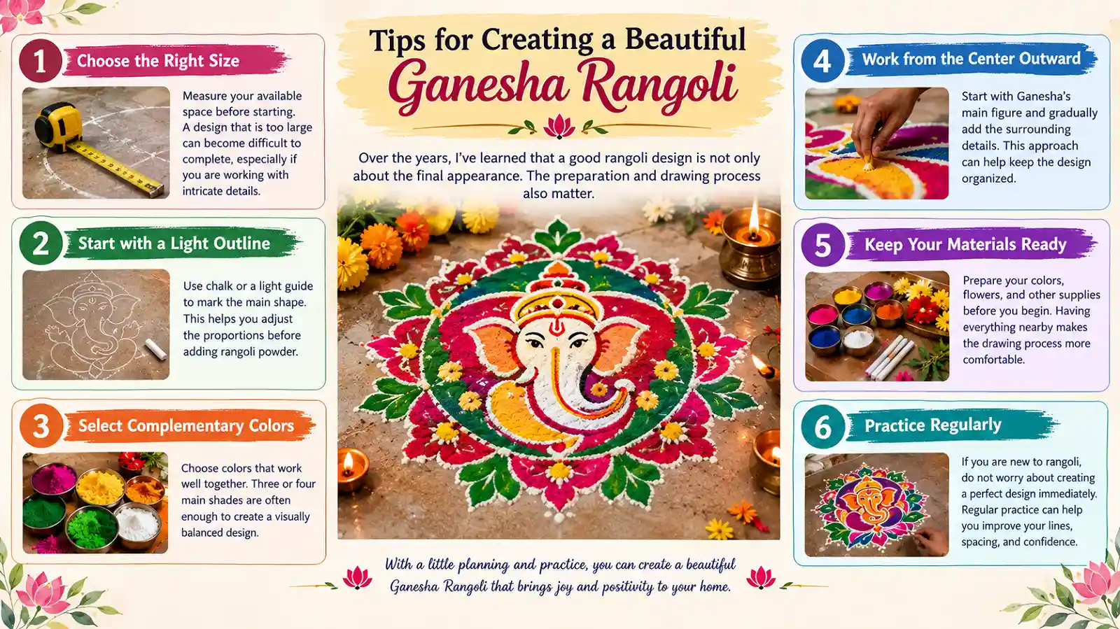 Tips for creating a beautiful Ganesha Rangoli with size, outline, colors, materials, and practice guidance.