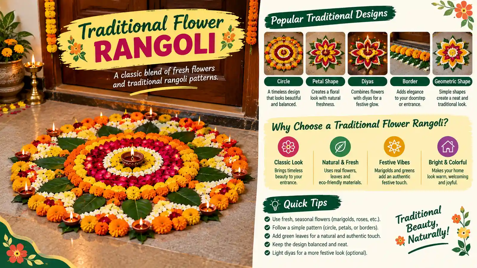 Traditional flower rangoli with marigolds colorful flowers green leaves and diyas