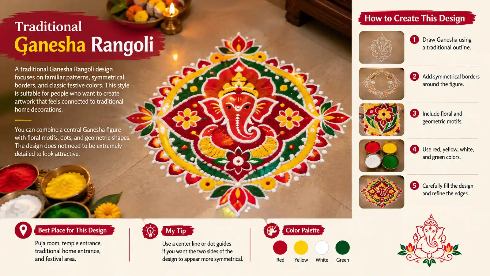 Traditional Ganesha Rangoli design with red yellow white and green colors