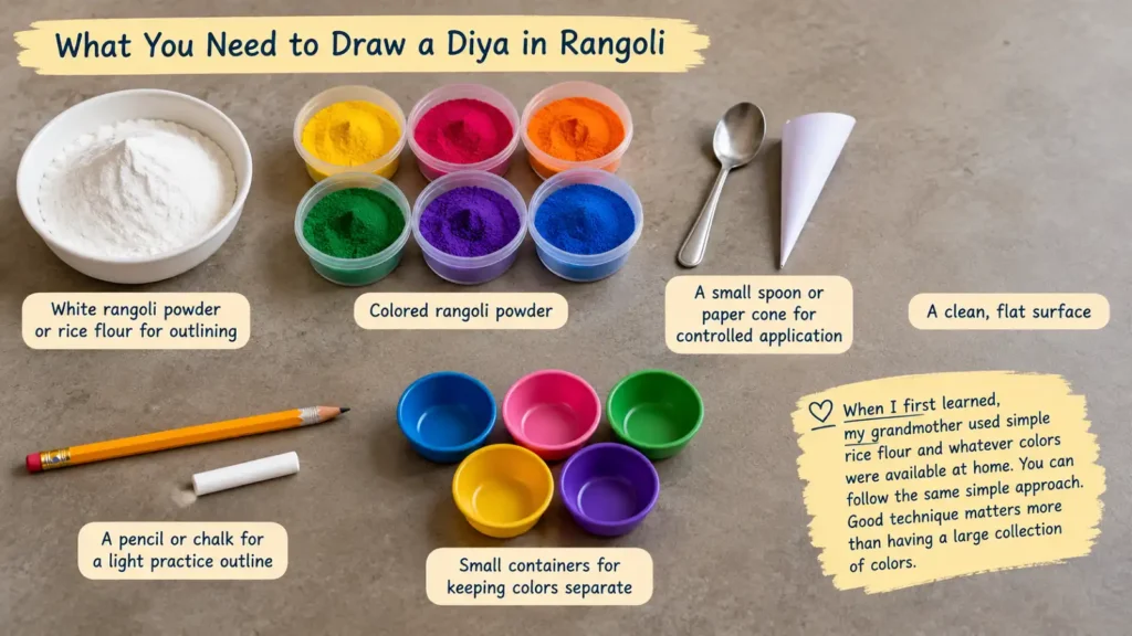 What you need to draw a diya in rangoli including powder, colors, spoon, pencil, and containers