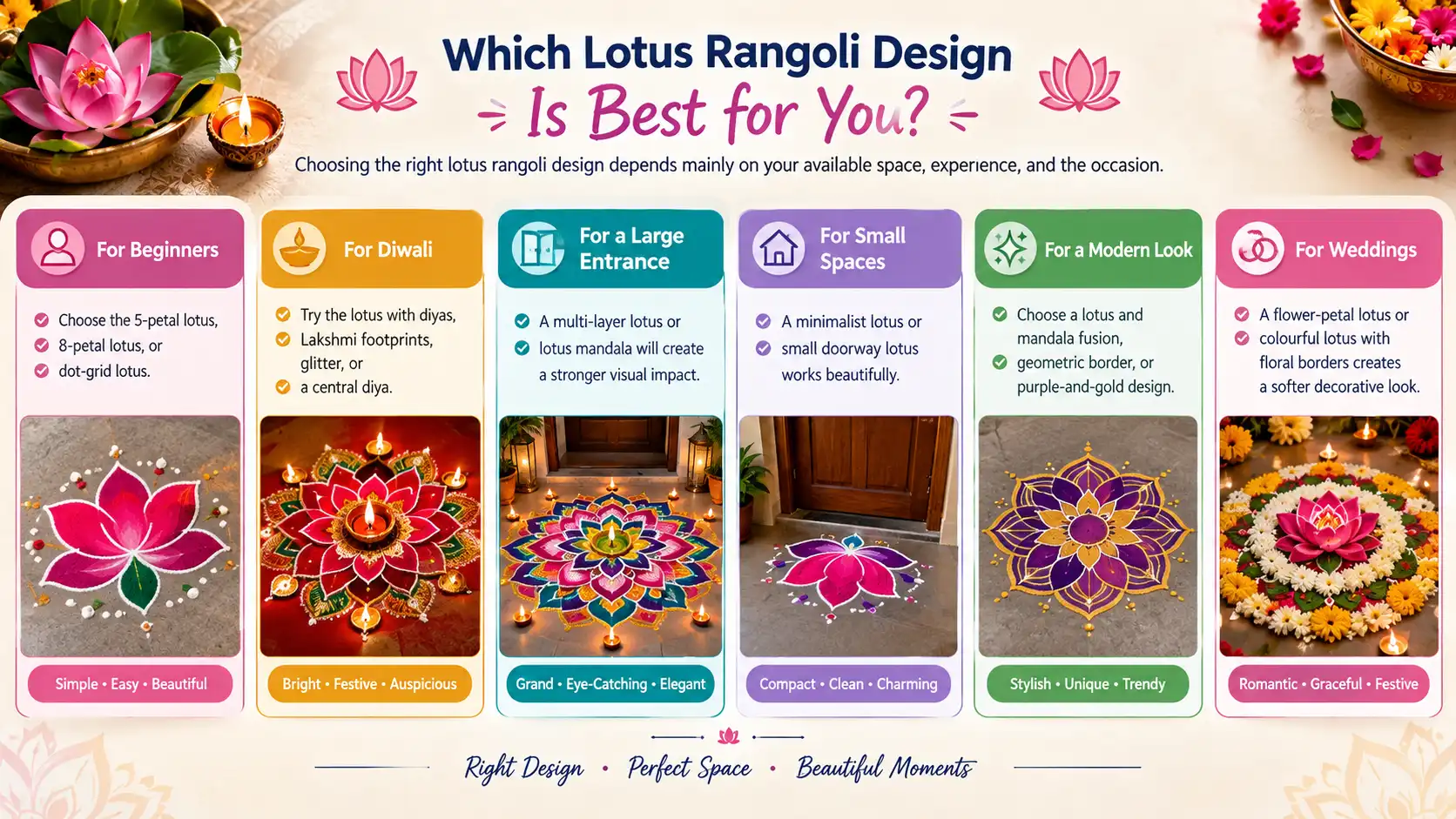 Which lotus rangoli design is best for beginners, Diwali, small spaces, modern looks, and weddings