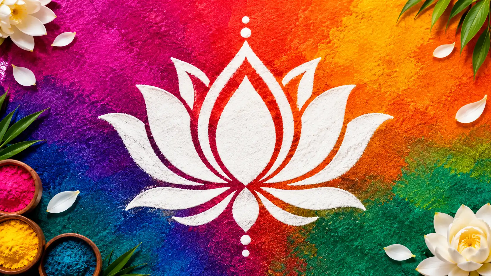 White lotus rangoli on a vibrant colourful background