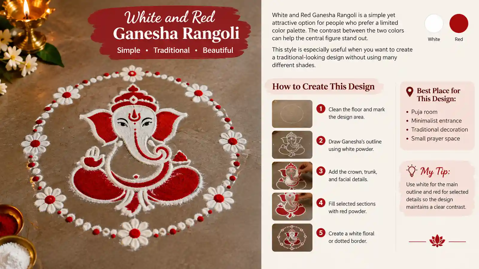 White and red Ganesha Rangoli design